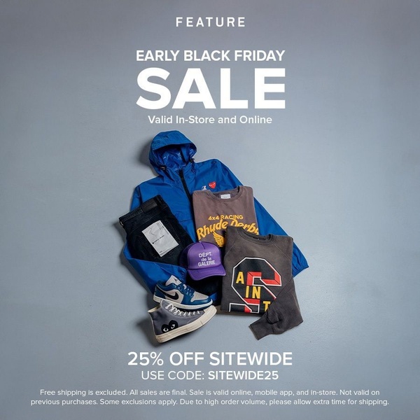 streetwear clothing, casual outerwear, graphic tees, sneakers, fashion apparel, caps and hats, sale promotion, limited time deal, flat lay, minimalist, bold, energetic, neutral, blue, black friday